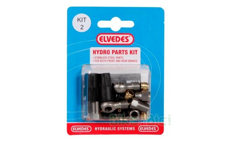 ELVEDES KIT 2 HYDRAULIC BRAKE CONNECTORS - Connectors set for hydraulic bicycle brake systems. Kit 2 from Elvedes brand For front and rear brakes. Compatible with some brands in the market (see description). To convert hose position in some Magura brakes for electric scooters.