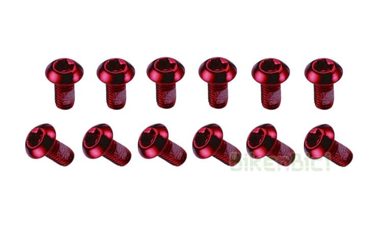 TORNILLOS ASHIMA DISCO ROJOS (12 unidades) - Kit de 12 tornillos Torx de 6mm de la marca Ashima para fijar los discos de freno en el buje. Fabricados en acero. Compatibles con todos los bujes para freno de disco con sistema internacional standard de 6 tornillos. Acabado en color rojo.